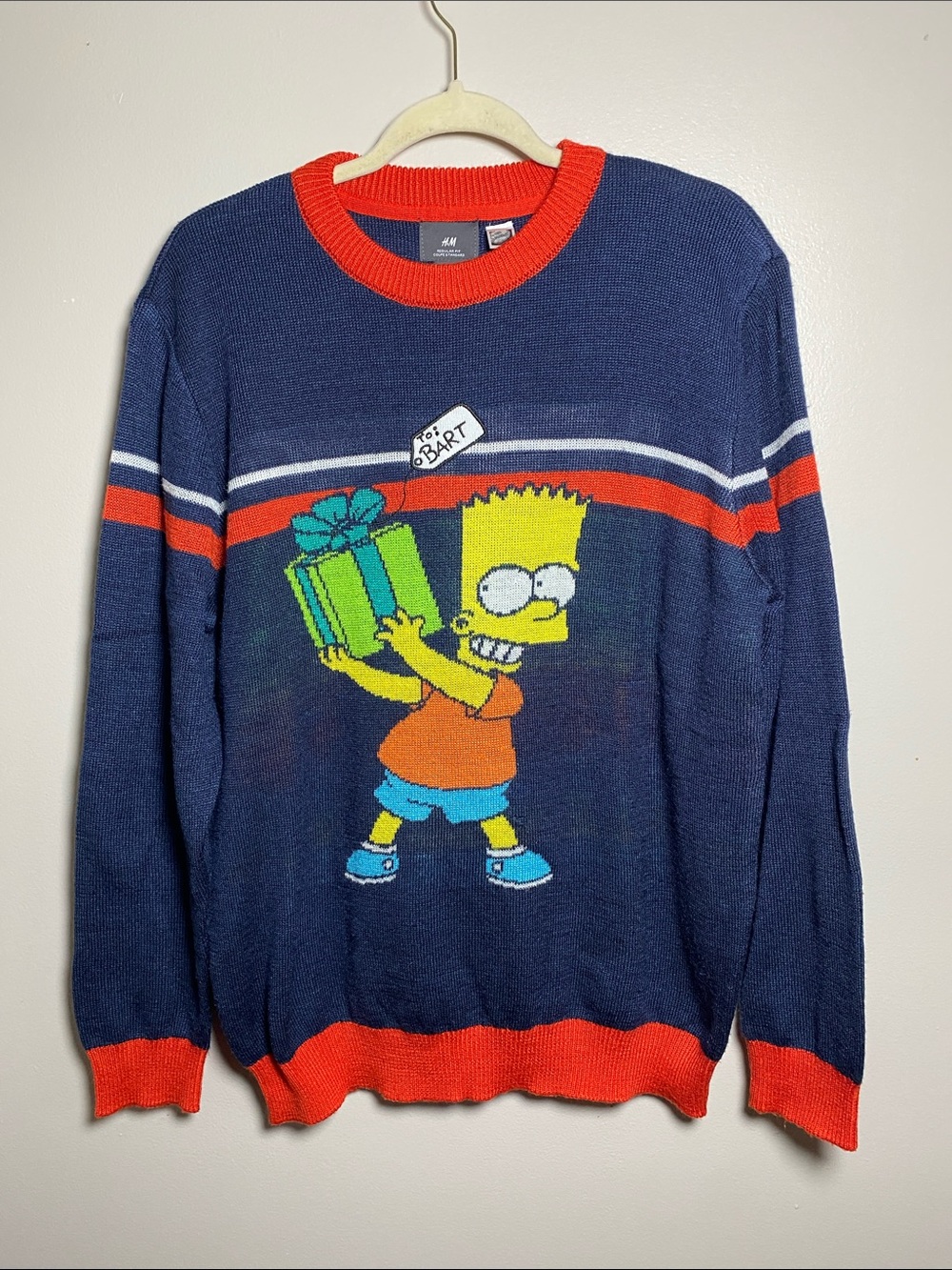 H&M Men’s Navy Sweater with The Simpsons Bart & Homer Holiday Sweater Medium